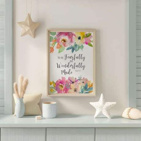Christian floral wall art featuring You Are Fearfully And Wonderfully Made verse.