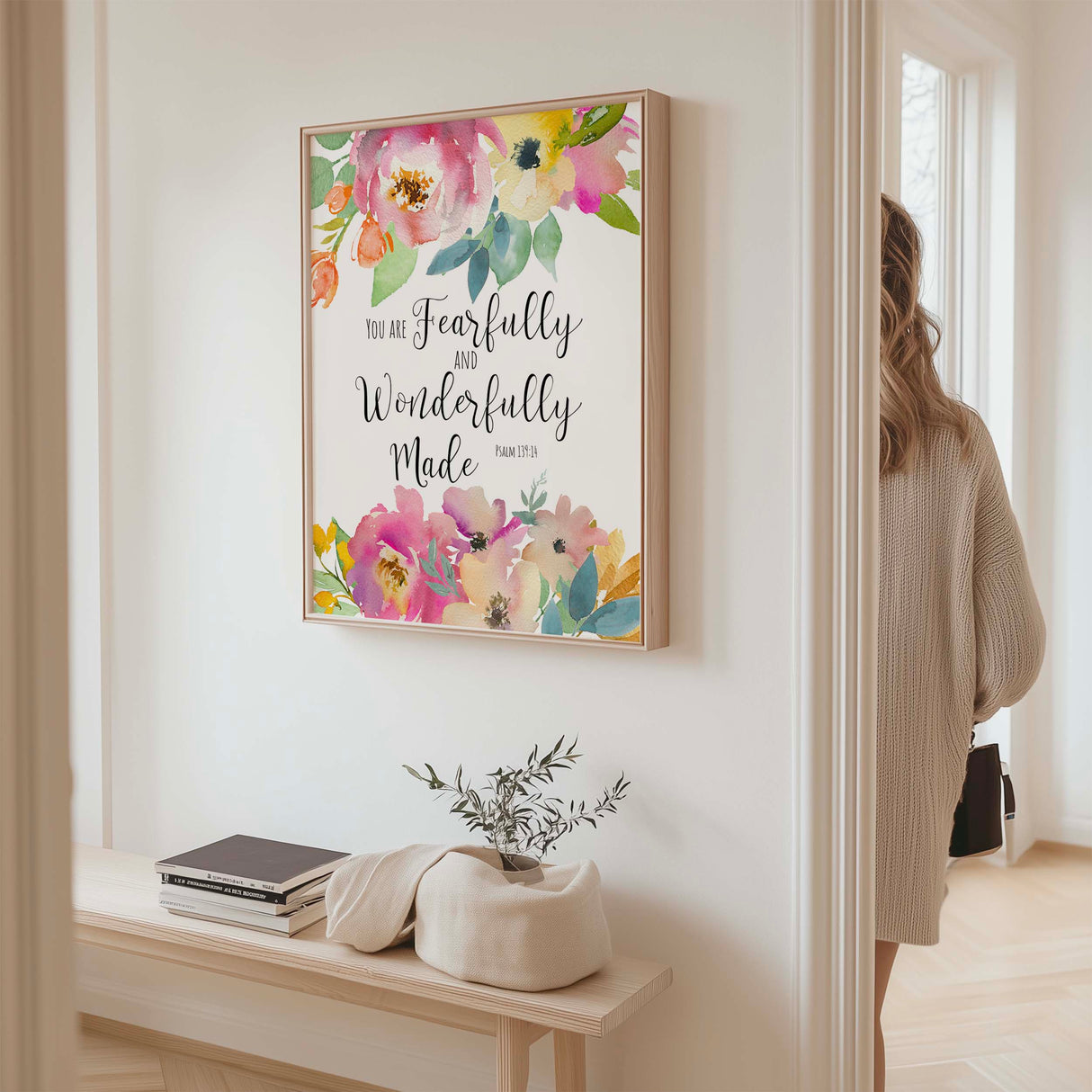 Beautiful floral Bible verse art with Psalm 139:14 for faith filled home decor.