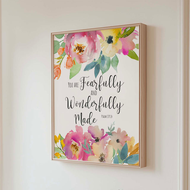 Beautiful floral Bible verse art with Psalm 139:14 for faith filled home decor.