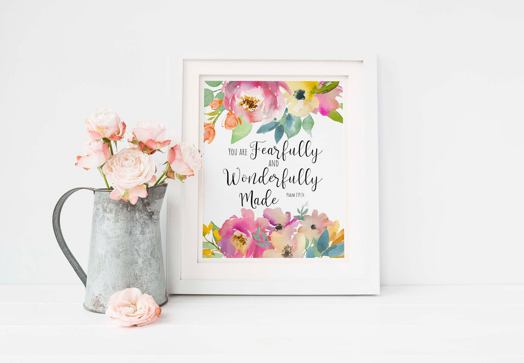 Unique Christian gift with scripture and flowers, Inspirational wall art with Psalm 139:14, Botanical design Psalm 139:14 home accent