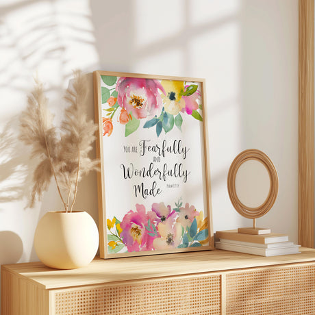 Psalm 139:14 Bible verse print with floral border and empowering Christian message.