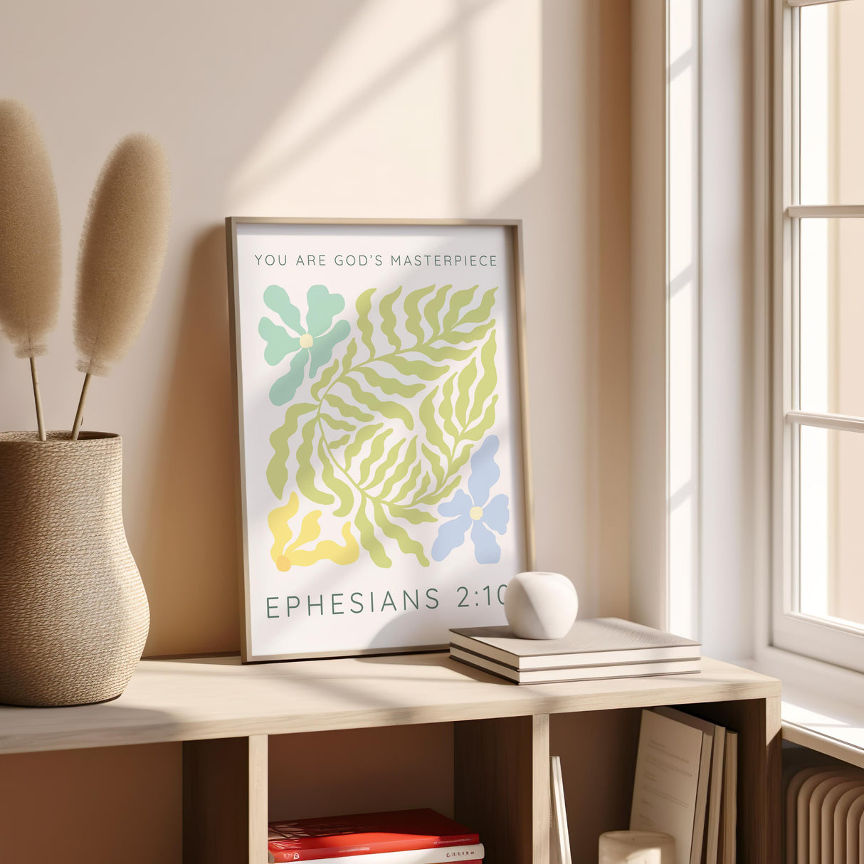 Uplifting Christian decor print with soft abstract florals and Ephesians 2:10 quote at the top and bottom.