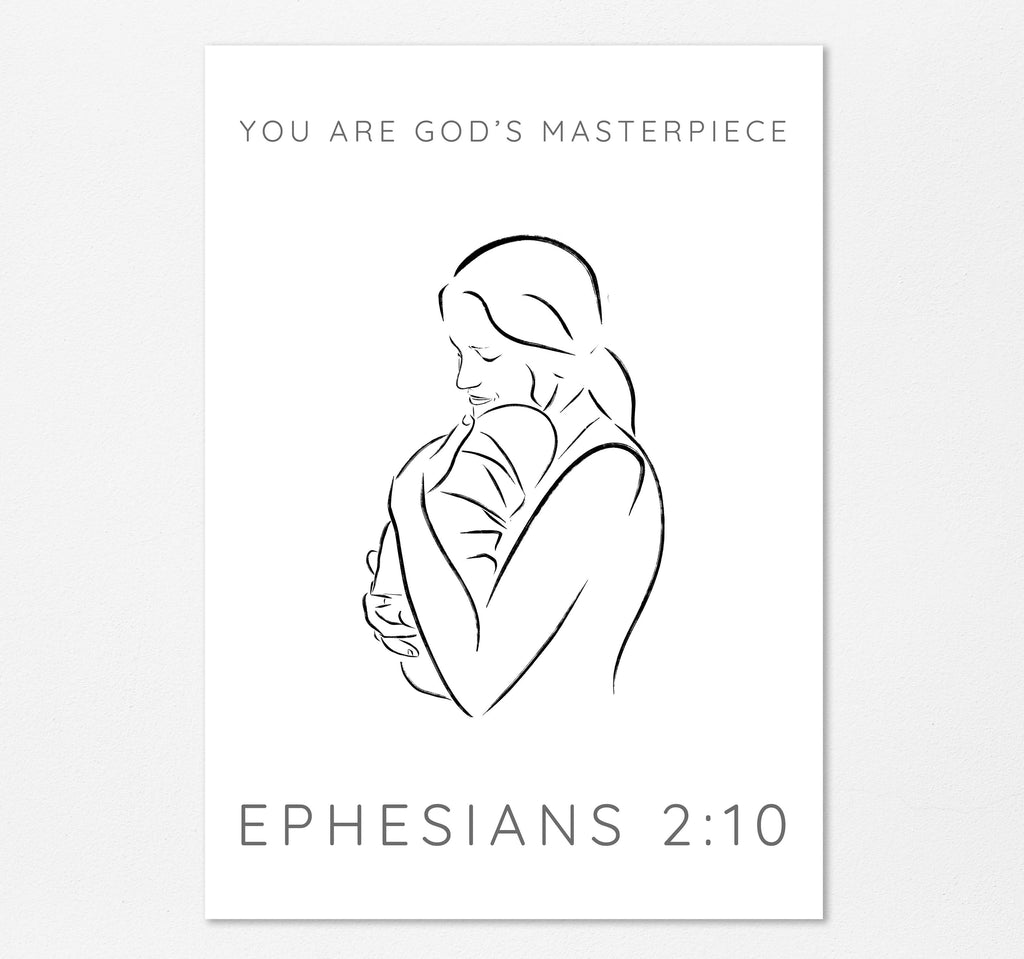 Faith-Based Nursery Wall Art, Bible Verse Mother and Child Art, Ephesians 2:10 Scripture Wall Print