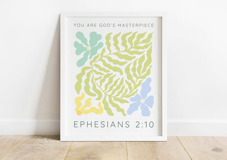 Gods Masterpiece floral print with Bible verse, Ephesians 2:10 floral masterpiece for home decor, modern christian art