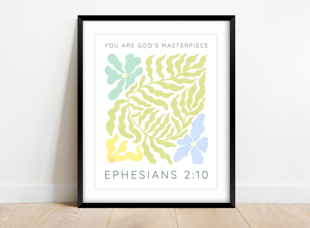 Christian artwork with modern floral design and verse, Floral print with 'You are Gods Masterpiece'