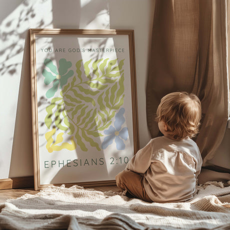 Bible verse art featuring soft pastel florals and the quote from Ephesians 2:10 in a modern, Matisse-inspired style.