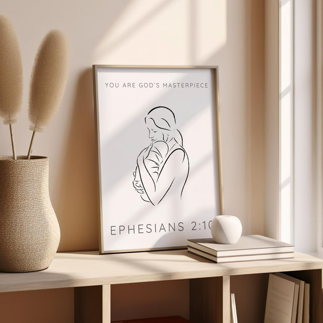 Minimalist line illustration of a mother holding her infant close, paired with the inspirational scripture “You are God’s Masterpiece” from Ephesians 2:10.