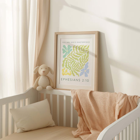 Inspirational Christian wall art with pastel floral motifs and the text "You Are God's Masterpiece" from Ephesians 2:10.