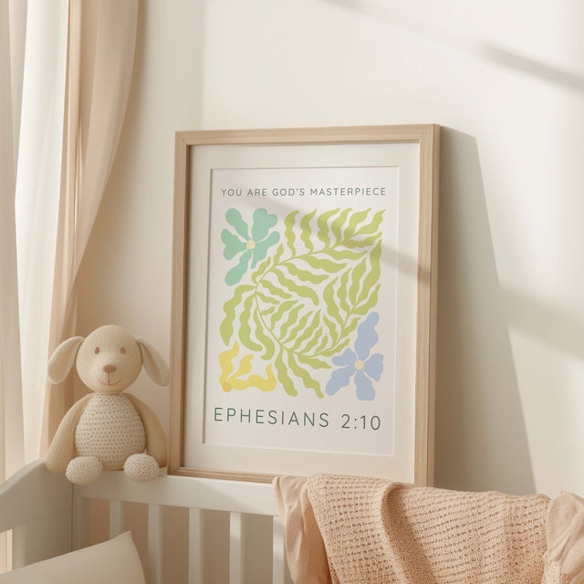 Inspirational Christian wall art with pastel floral motifs and the text "You Are God's Masterpiece" from Ephesians 2:10.