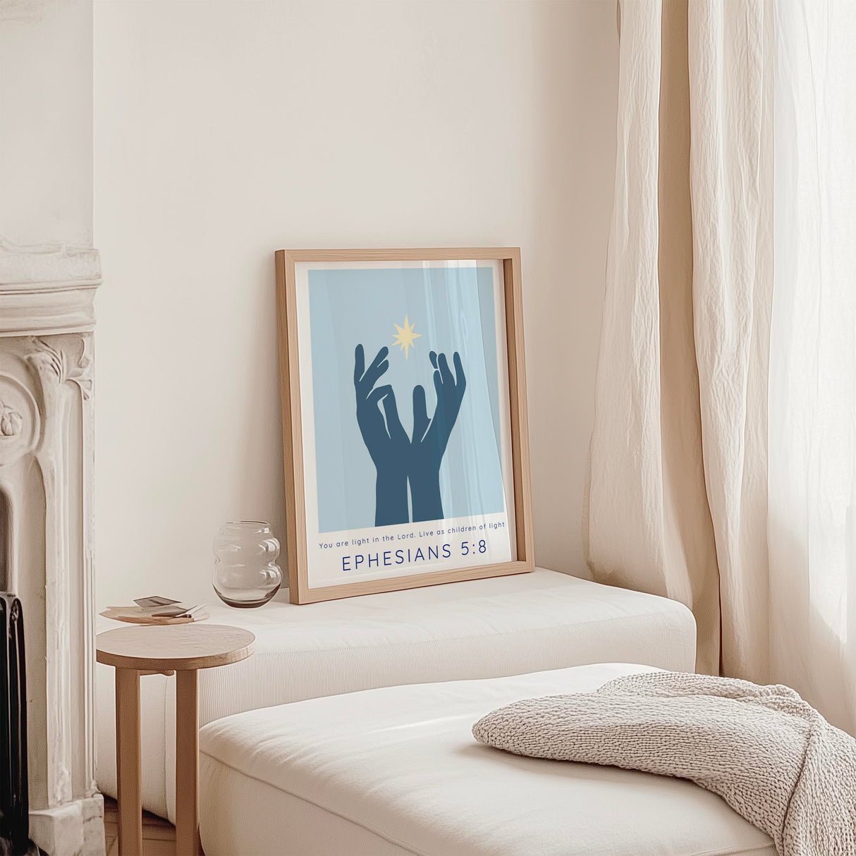 Ephesians 5 8 wall art, hands reaching upward, Christian decor for prayer room. Christian scripture print in blue, hands reaching towards light, faith-inspired wall art.