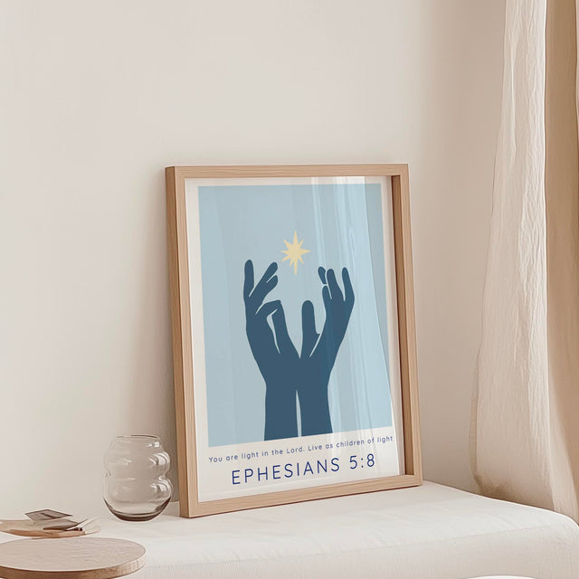 Ephesians 5 8 wall art, hands reaching upward, Christian decor for prayer room. Christian scripture print in blue, hands reaching towards light, faith-inspired wall art.