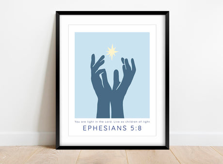 You are Light Christian Print, Blue Ephesians 5 8 Bible Verse Wall Art, Modern Inspirational Scripture Decor For Home Or Prayer Room