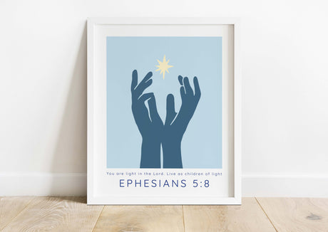 You are Light Christian Print, Blue Ephesians 5 8 Bible Verse Wall Art, Modern Inspirational Scripture Decor For Home Or Prayer Room