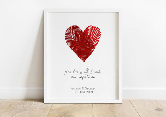 Personalised fingerprint heart print with customizable quote, Heart-shaped fingerprint art with personalized message