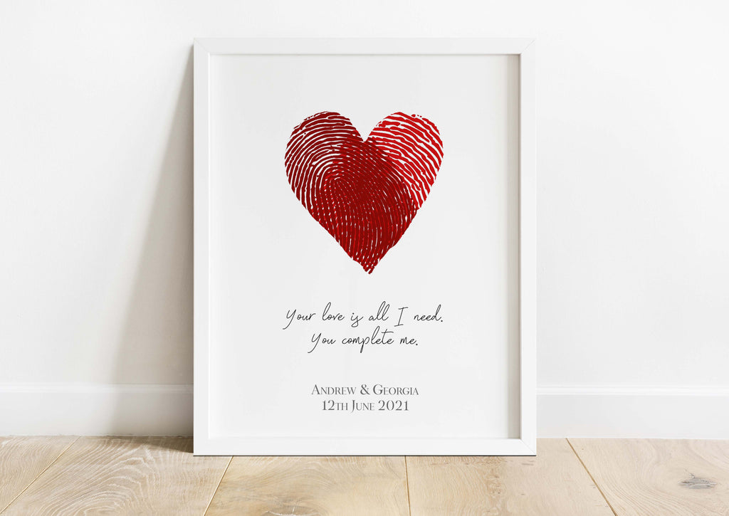Personalised fingerprint heart print with customizable quote, Heart-shaped fingerprint art with personalized message