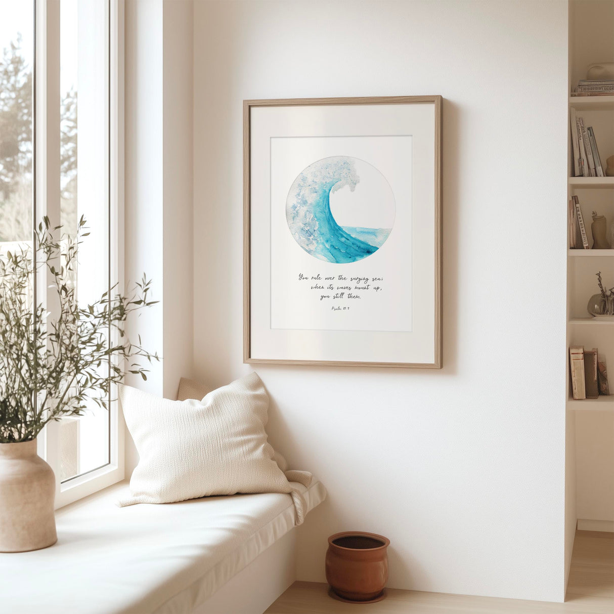 Serene Christian wall art featuring you rule over the surging sea verse. Inspiring Scripture ocean wave art print reminding of God’s power.