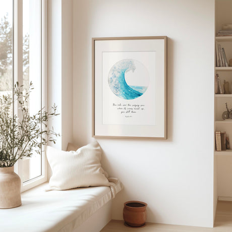 Serene Christian wall art featuring you rule over the surging sea verse. Inspiring Scripture ocean wave art print reminding of God’s power.