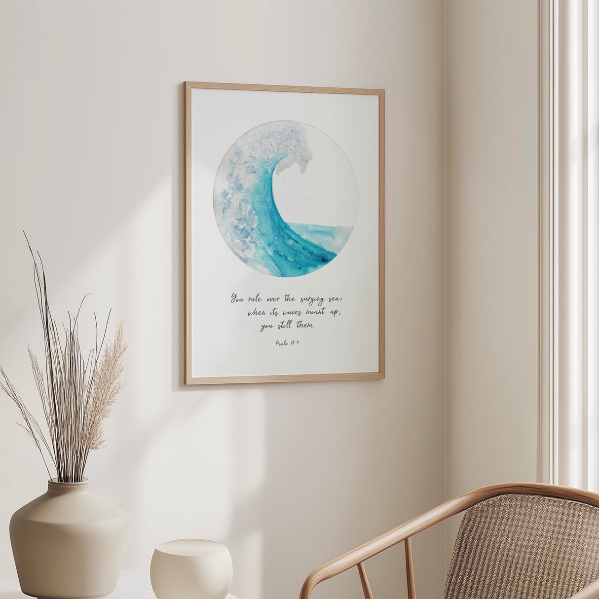Uplifting Psalm 89 9 Christian decor for peace and encouragement. Faith-based watercolour ocean wave print with comforting Bible verse.
