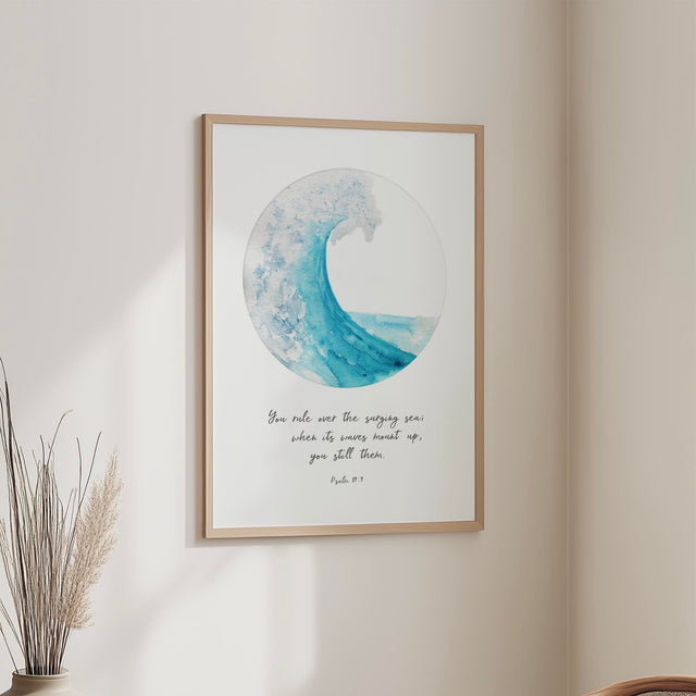 Uplifting Psalm 89 9 Christian decor for peace and encouragement. Faith-based watercolour ocean wave print with comforting Bible verse.