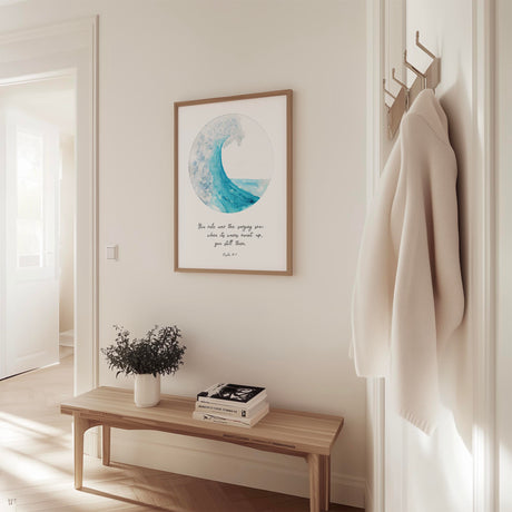 Turquoise ocean wave Psalm 89 9 Bible verse print with circular design.