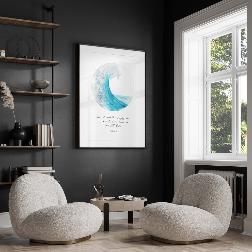 Decorate with faith and nature – Psalm 89:9 quote below a captivating turquoise wave, bringing comfort to your home.