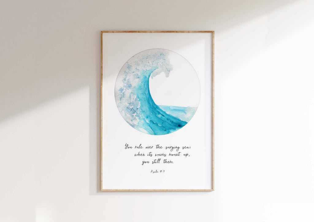 Transform your space with an ocean-inspired print featuring Psalm 89:9 – a visual reminder of God's calming presence