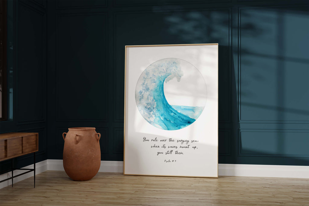 Embrace tranquility and faith – Psalm 89:9 quote paired with a circular turquoise wave print for an inspiring ambianc