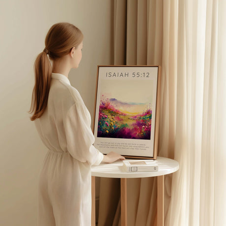 Inspirational Scripture artwork with joyful pink wildflowers and the words from Isaiah 55:12.