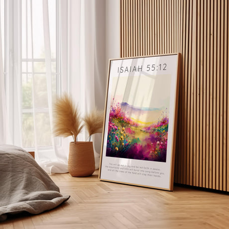 Floral Bible print showing a bright meadow and the verse about joy, peace, and nature's celebration.