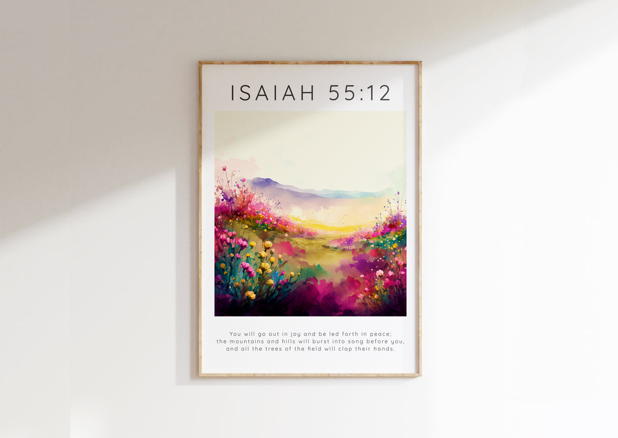 Isaiah 55 12 Christian Wall Art, Modern Faith Decor Christian Shop, Isaiah 55:12 Bible verse pink flower meadow print