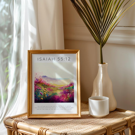 Bible verse print featuring Isaiah 55:12 over a vibrant pink flower meadow.