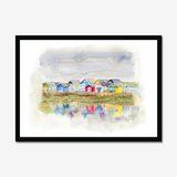 'Beach Huts 1' - Colourful Dorset prints of Mudeford beach huts in loose expressive watercolour — coastal wall art and seaside home decor in green, yellow, blue, red and grey, by Crafty Cow Design.