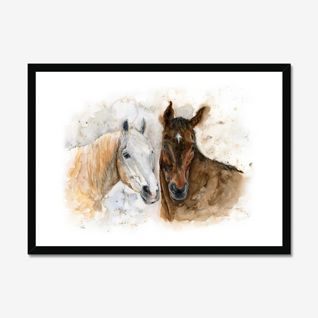 'Horse Friends' - A gentle watercolour horse print of two horses side by side in warm creams and browns, framed in BLACK wood — cottage wall art for horse lovers, by Crafty Cow Design.
