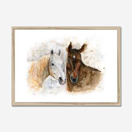'Horse Friends' - Watercolour horse print framed in warm natural wood, showing two horses in quiet companionship — a timeless horse portrait print for hallways and living rooms, by Crafty Cow Design.