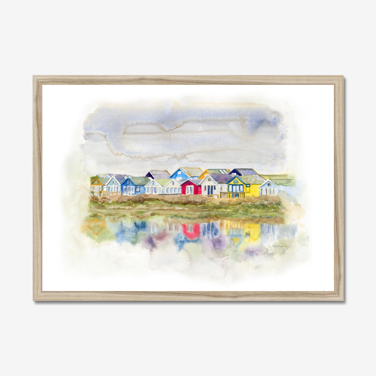 'Beach Huts 1' - Watercolour beach huts seascape painting of Mudeford Spit, Dorset — colourful coastal wall art with vibrant reflections in soft dreamy watercolour, by Crafty Cow Design.