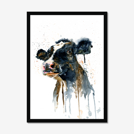 'Paint It Black' - Framed farm animal print in white frame, expressive black and white watercolour cow painting art countryside wall art by Crafty Cow Design.