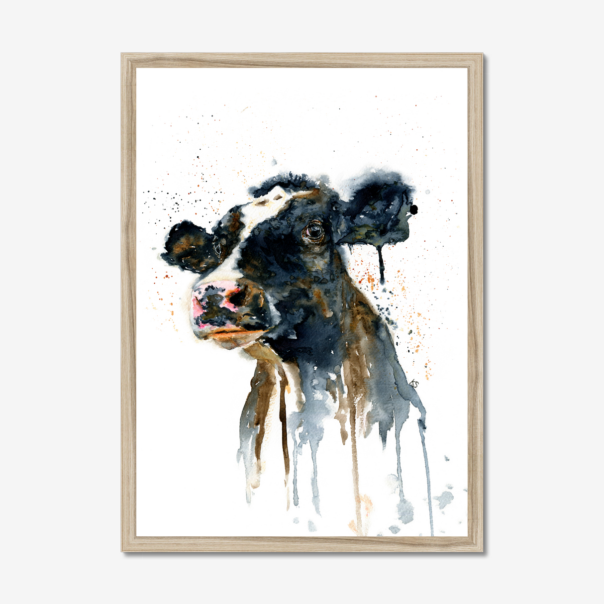'Paint It Black' - Farm animal print showing black and white dairy cow in loose expressive watercolour, countryside wall art farm house home decor by Crafty Cow Design.