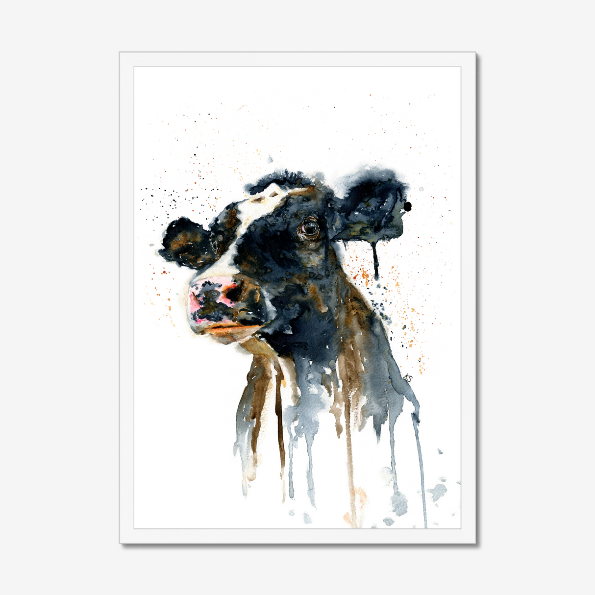 'Paint It Black' - Close-up detail of expressive watercolour cow painting art in bold inky black, farm animal print countryside wall art by Crafty Cow Design.