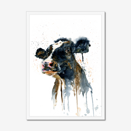 'Paint It Black' - Close-up detail of expressive watercolour cow painting art in bold inky black, farm animal print countryside wall art by Crafty Cow Design.