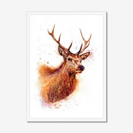'Monarch of the Glen' - Stag wall art and deer print in rich russet, amber and burgundy watercolour tones, rustic wall art and country home decor buck print for cottage and highland inspired interiors by Crafty Cow Design.