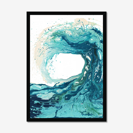 'Sandbanks Wave' - Blue ocean waves artwork in swirling teal, turquoise and sandy cream — an expressive abstract wave painting coast print for beach house home decor, by Crafty Cow Design.
