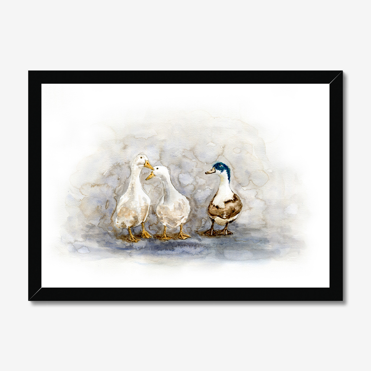 'Feathered Friends' - Duck print showing three characterful ducks in soft watercolour tones, birds wall art cottage inspiration by Crafty Cow Design.