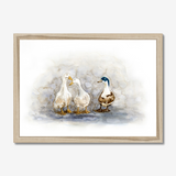 'Feathered Friends' - Duck print showing three characterful ducks in soft watercolour tones, birds wall art cottage inspiration by Crafty Cow Design.