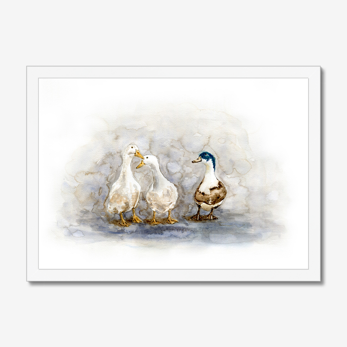 'Feathered Friends' - Duck print showing three characterful ducks in soft watercolour tones, birds wall art cottage inspiration by Crafty Cow Design.