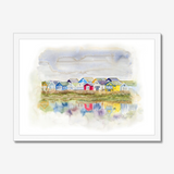 'Beach Huts 1' - Watercolour beach huts seascape painting of Mudeford Spit, Dorset — colourful coastal wall art with vibrant reflections in soft dreamy watercolour, by Crafty Cow Design.
