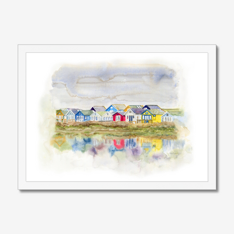'Beach Huts 1' - Watercolour beach huts seascape painting of Mudeford Spit, Dorset — colourful coastal wall art with vibrant reflections in soft dreamy watercolour, by Crafty Cow Design.
