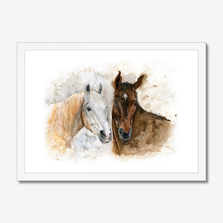 'Horse Friends' - Watercolour horse print framed in warm white wood, showing two horses in quiet companionship — a timeless horse portrait print for hallways and living rooms, by Crafty Cow Design.