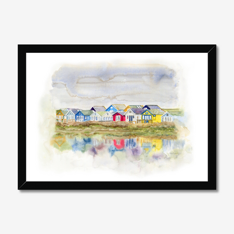 'Beach Huts 1' - Colourful Dorset prints of Mudeford beach huts in loose expressive watercolour — coastal wall art and seaside home decor in green, yellow, blue, red and grey, by Crafty Cow Design.