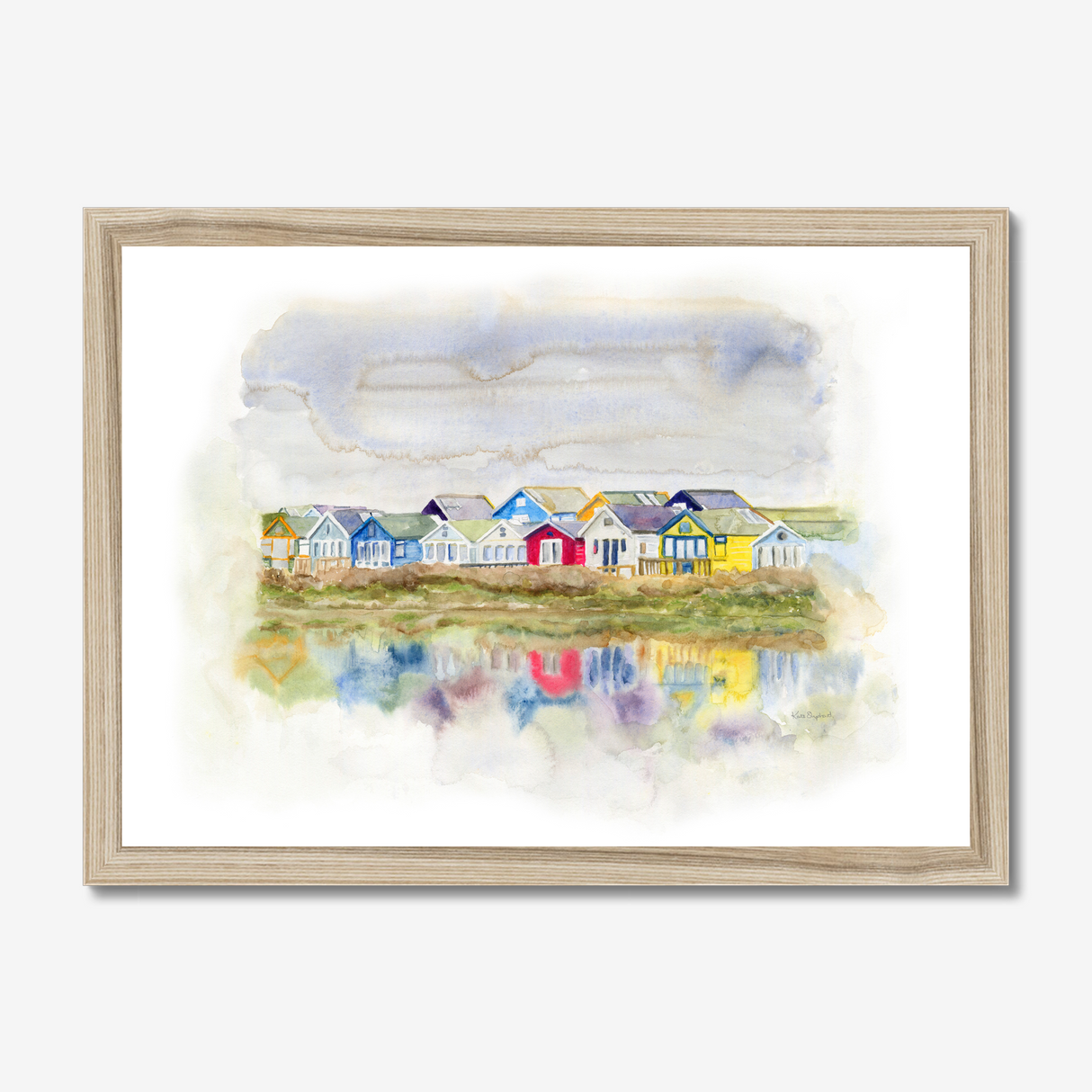'Beach Huts 1' - Watercolour beach huts seascape painting of Mudeford Spit, Dorset — colourful coastal wall art with vibrant reflections in soft dreamy watercolour, by Crafty Cow Design.