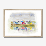 'Beach Huts 1' - Watercolour beach huts seascape painting of Mudeford Spit, Dorset — colourful coastal wall art with vibrant reflections in soft dreamy watercolour, by Crafty Cow Design.